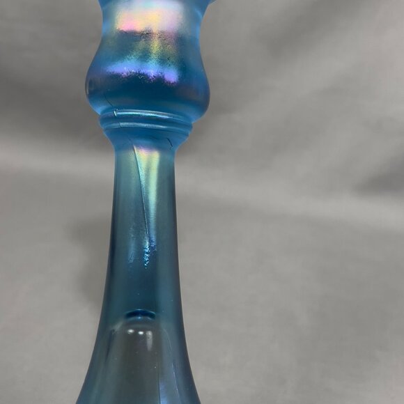 Vtg Central Glass Works Iridescent Blue Stretch Trumpet Candlestick Holders Glow - Picture 11 of 16